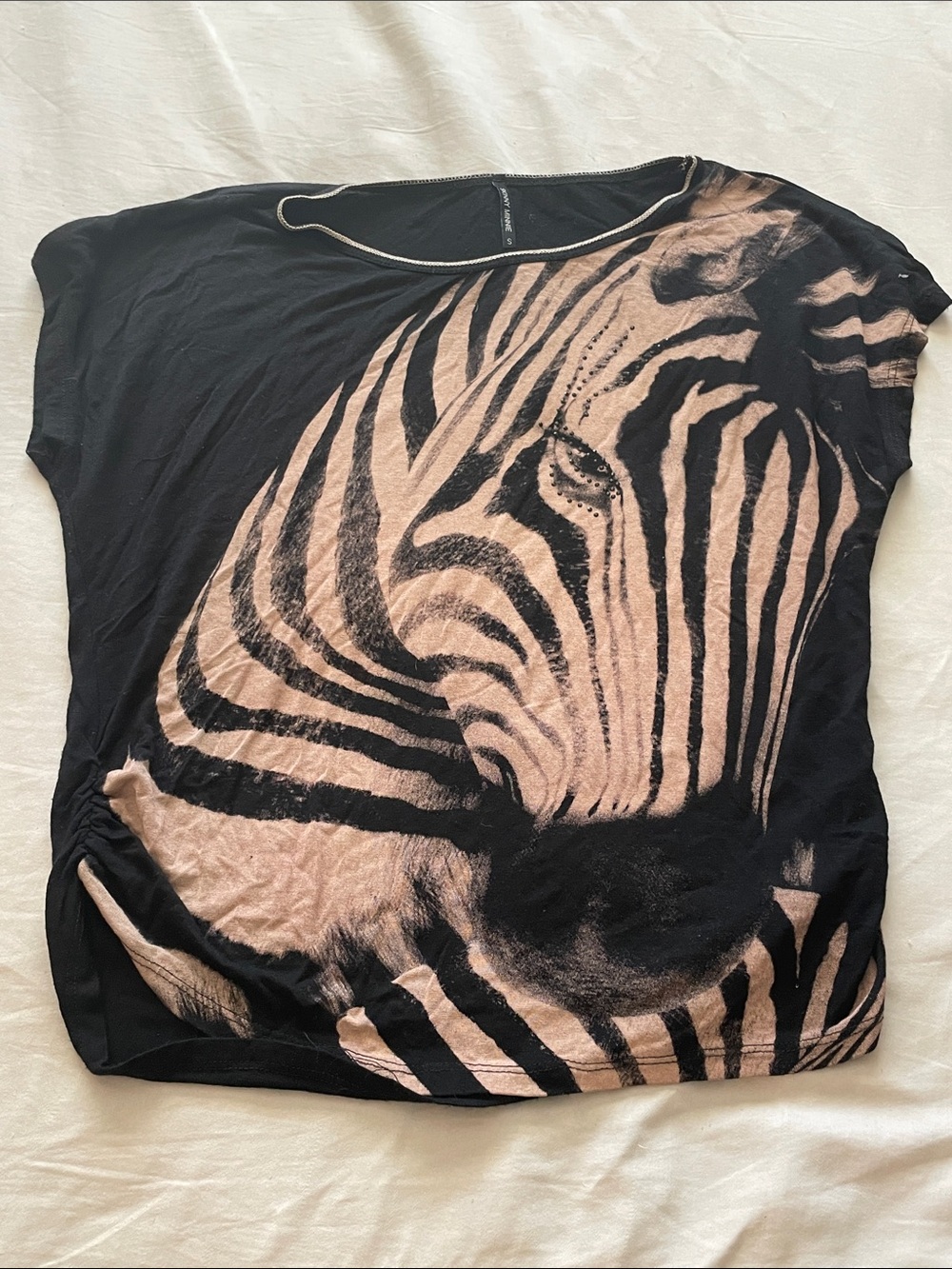 Vintage Skinny Minnie Black & Blush Zebra-Print Short Sleeve Top